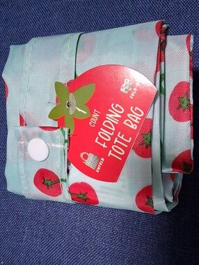 Foldable Tote Bag with Red Tomato Print on Light Aqua